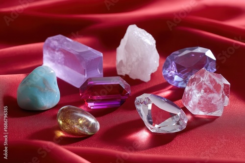 Gemstone Array: An array of polished gemstones sparkle against a rich, crimson backdrop, their facets catching the light in a display of color and brilliance. 