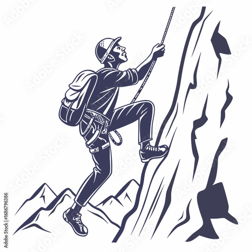 Silhouette of a man rock climbing a steep mountain face with a backpack and rope mountaineering climber