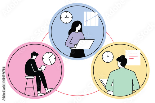 Three people in colorful circles working on laptops and checking clocks illustrating teamwork and time management concepts