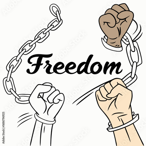 Two hands breaking chains with one hand in a fist and the other open, with the word Freedom above on a white background