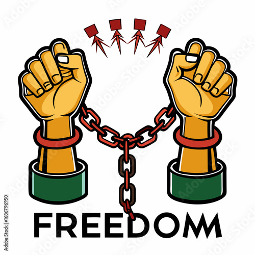 Two yellow hands breaking chains with red accents and the word FREDOM below on a white background