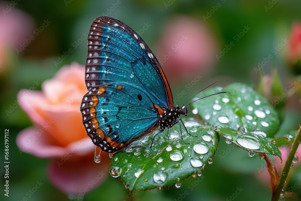 Obraz premium Blue Butterfly on Dewy Leaf with Peach Rose
