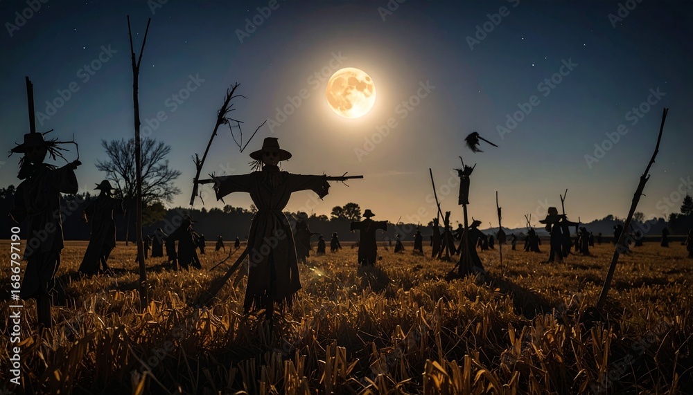 Fototapeta premium Eerie Night A Vast Field of Silhouetted Scarecrows Stands Guard Under the Radiant Glow of a Full Moon, Creating a Mysterious and Atmospheric Rural Landscape
