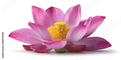 Vibrant pink lotus flower with yellow center on white background