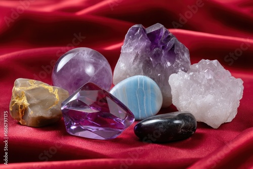 Gemstone Collection on Velvet: A captivating assortment of lustrous gemstones, artfully arranged on a luxurious velvet surface, radiating an aura of elegance and allure.