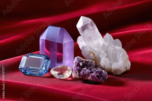 Shine of Minerals: A collection of vibrant gemstones and crystals shines brilliantly against a backdrop of luxurious fabric, each stone a testament to the raw beauty of the earth.