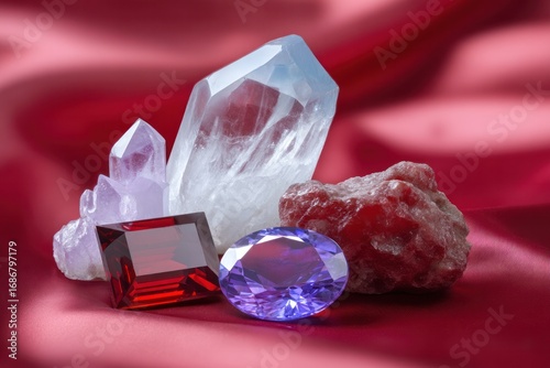Gemstone Glitter: A luxurious tapestry of glittering gemstones including crystal quartz, sparkling rubies, and amethysts set against a rich backdrop, each stone emanating its unique allure. 