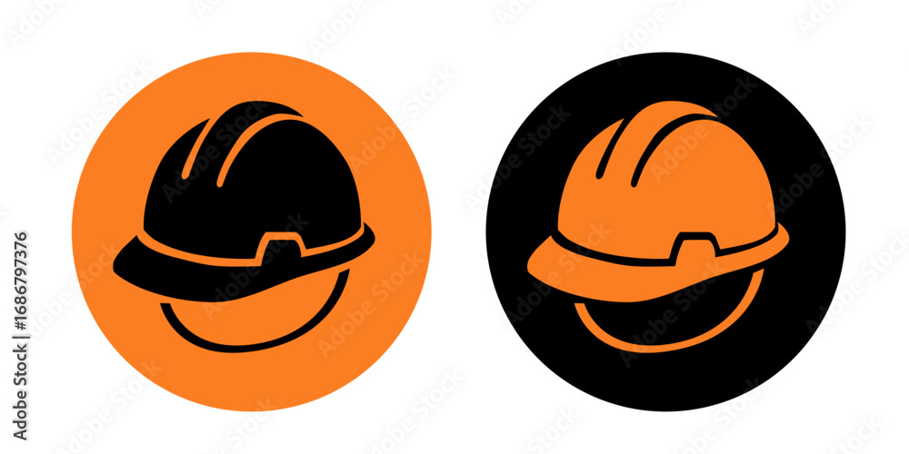 Fototapeta premium High quality vector of two circular construction helmet icons in bold black and orange. Perfect for apps, safety signage, engineering sites, labor branding, and educational materials.