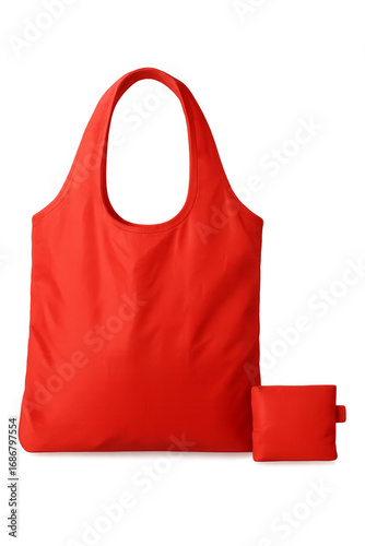 Red reusable shopping bag with matching pouch on transparent background