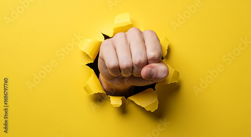 Fist breaking through a bright yellow background symbolizing power, strength, and overcoming obstacles with determination and force to achieve success