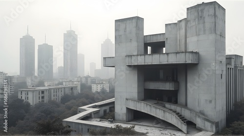 Gloomy Metropolis Concrete Architecture Dominates the Skyline and Overwhelms the Fog Shrouded City Scape in Bleak Tones