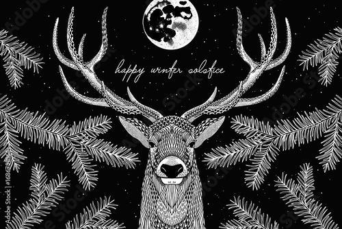 Hand Drawn Winter Solstice Illustration with Moon and Deer