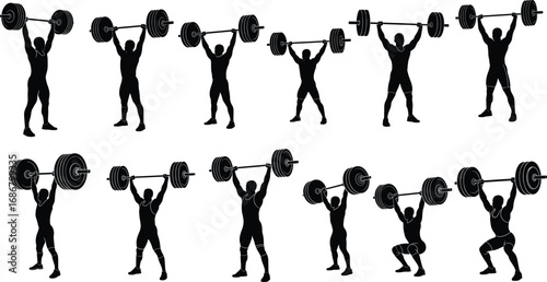 Silhouette of muscular man lifting heavy barbell in different weightlifting poses, strength training, fitness workout isolated on white background