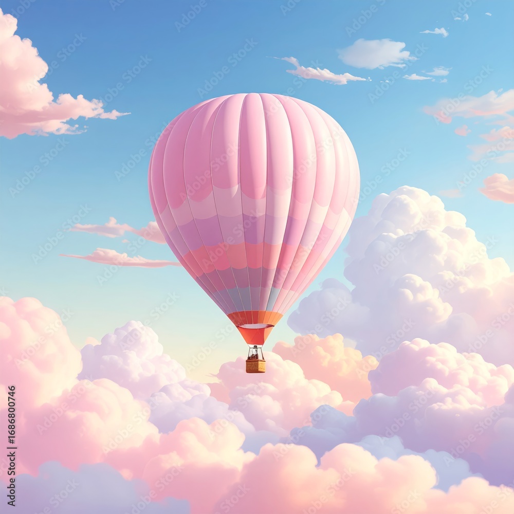Obraz premium Illustration of colorful balloons on a blue sky with clouds on a white background