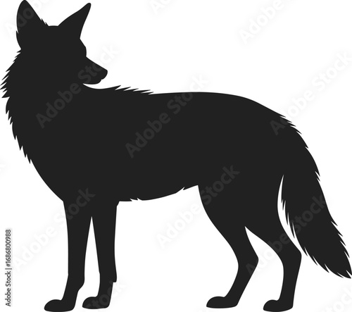 Silhouette of wild canine standing alert, representing coyote or wolf, ideal for wildlife design, forest animal art, nature illustrations