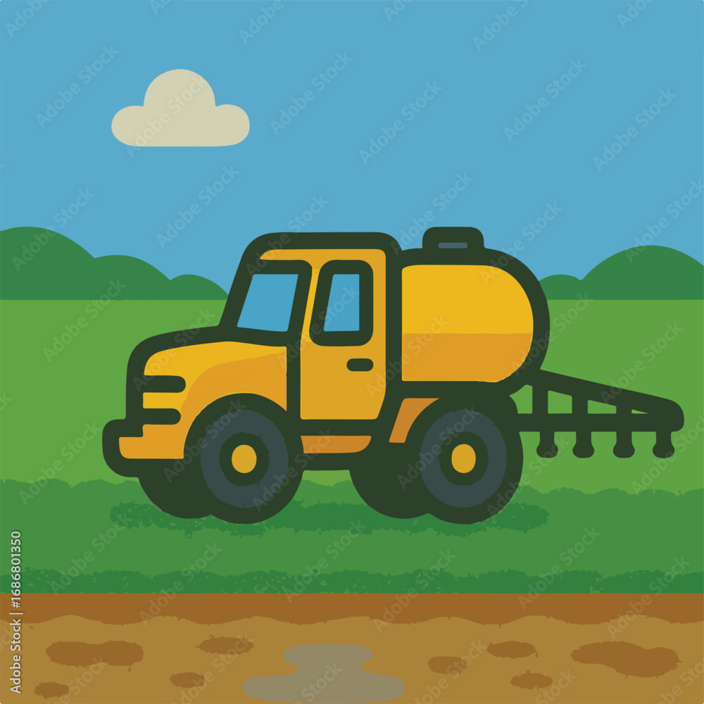 Fototapeta premium Vector illustration of a yellow agricultural sprayer truck working in a vibrant green field under a blue sky.