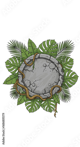 Mysterious ancient stone disc entwined with jungle vines and lush tropical foliage a symbol of hidden natural power and forgotten civilizations