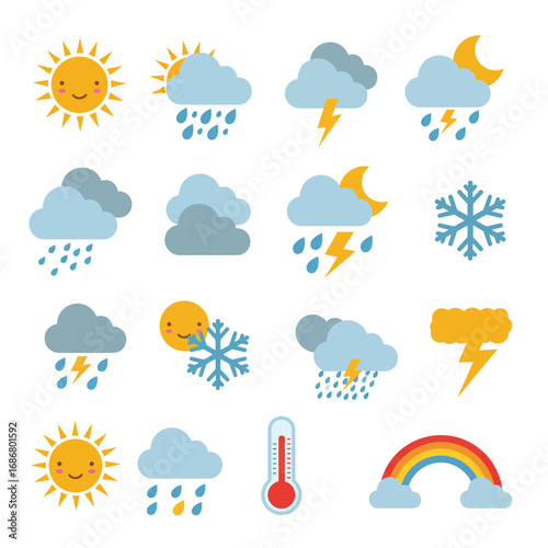 A playful scattering of colorful flat 2D vector weather icons, including a prominent sun, soft cloud, rain, snowflake, storm, thermometer, and a cheerful rainbow, on a clean white background