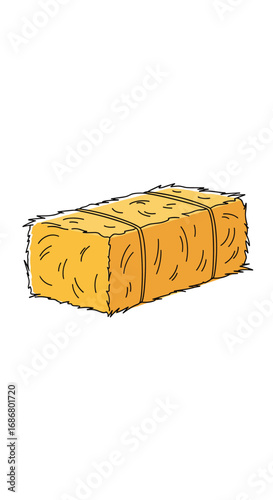 A simple hand drawn illustration of a rectangular yellow hay bale used for farming and animal feed