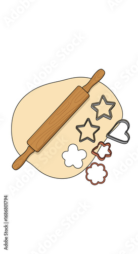 Wooden rolling pin and assorted cookie cutters on dough for baking homemade treats