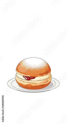 A delicious sweet pastry filled with cream and fruit jam dusted with powdered sugar on a white plate