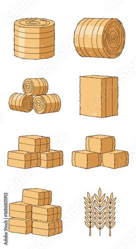 Collection of agricultural hay bales and wheat stalks illustrating rural harvesting and farming activities