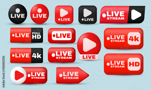 unique realistic set red social media live streaming full hd 3d icon design isolated on