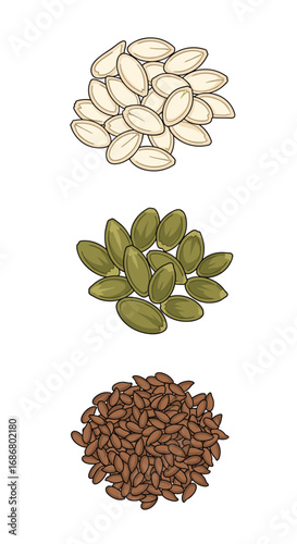 Three piles of assorted seeds showing different varieties and textures for culinary and nutritional purposes
