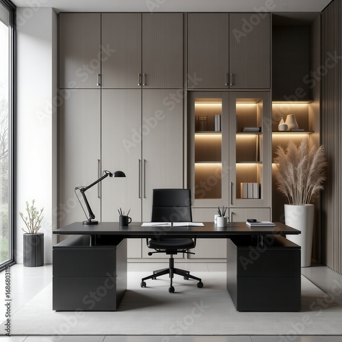Modern, minimalist office workspace with sleek, dark furniture and warm lighting.