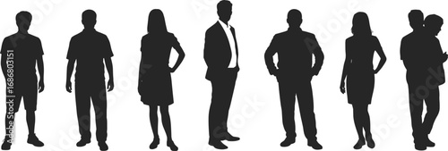 Silhouettes of diverse people standing in various poses, casual and business attire, group social interaction, teamwork concept, communication, unity, professional and casual lifestyle, modern society