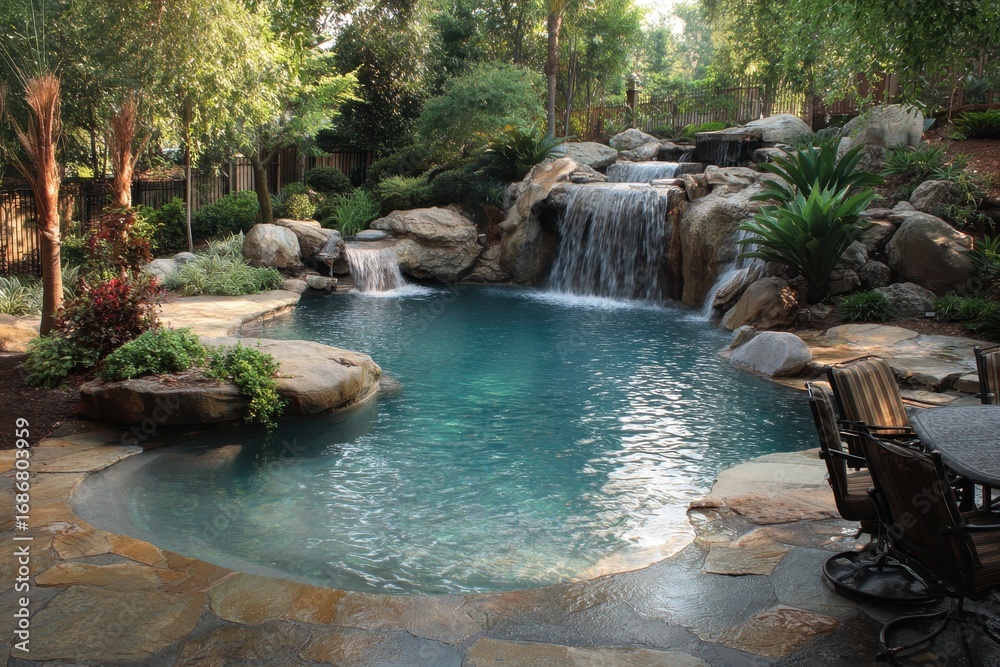 Naklejka premium Backyard Pool With Waterfall. Landscaped Swimming Pool and Patio in Residential Garden Setting