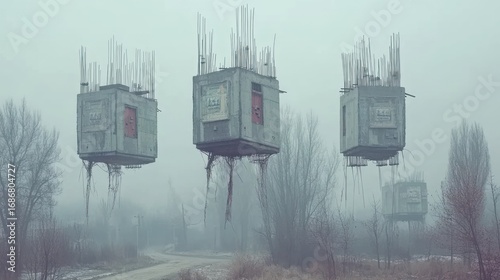 Surreal concrete cubes float over a foggy landscape creating a mysterious atmosphere