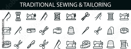 Traditional Sewing and Tailoring Icon Set for Fashion Design, Craft Tools, and Textile UI