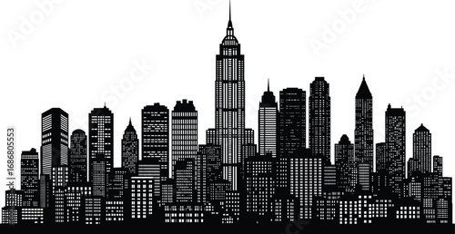 Black and white silhouette of New York City skyline with skyscrapers, urban buildings, and iconic architecture for cityscape vector illustration
