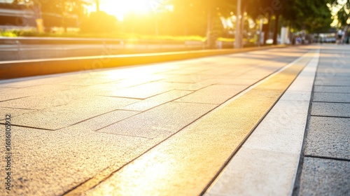 Golden sunlight casting on a pedestrian walkway in a city park creating a warm and inviting