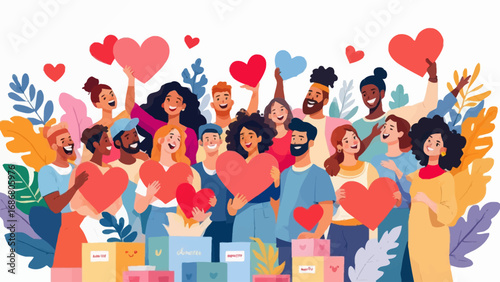 Flat vector illustration showing people holding hearts and donation boxes, representing support, kindness, and global solidarity for International Day of Charity
