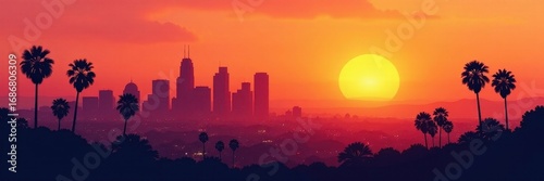 Los Angeles sunset, downtown skyline, palm trees silhouette, rays, buildings