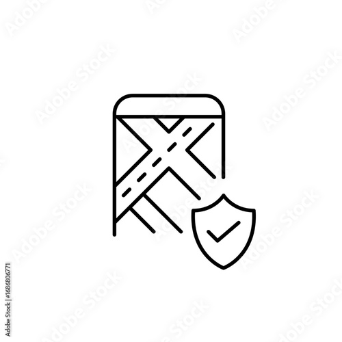 Safe travel planning, authenticated directions, compliant geographic information, reliable location guidance. Phone, map with shield and checkmark. Pixel perfect, editable stroke vector icon