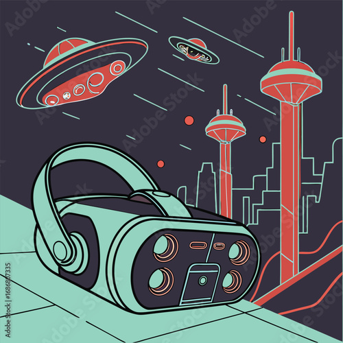 VR headset with futuristic background generted by ai 