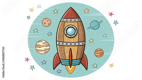Cartoon rocket ship flying among planets and stars