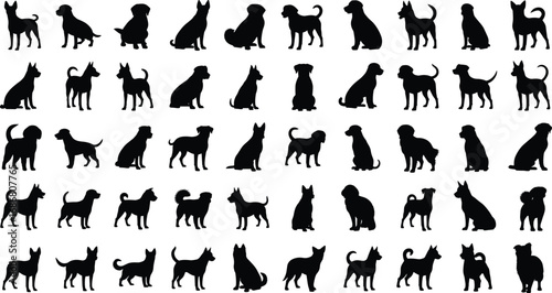Black silhouette dog breeds in various poses and sizes arranged in grid format isolated on white background for pet and animal design