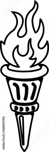 Torch Flame Icon Black Fire Symbol, Burning Light, Olympic Torch, Eternal Flame Vector in Line Style for Power, Energy, Passion, Victory and Decorative Design