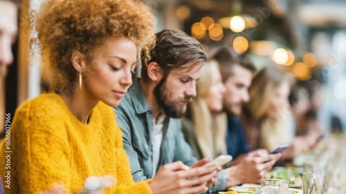Digital supremacy demonstrated by people using smartphone technology social group settings restaurant enjoying modern digital life