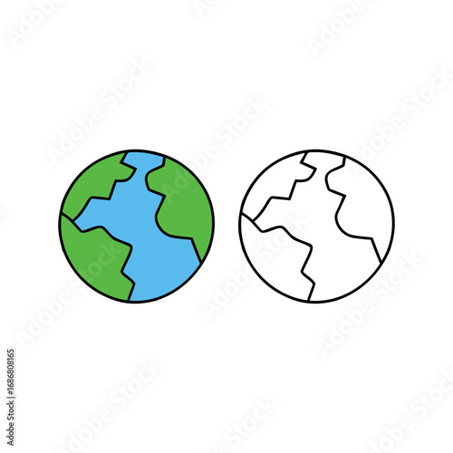 Vector art of two globes of earth, one colored and one outline