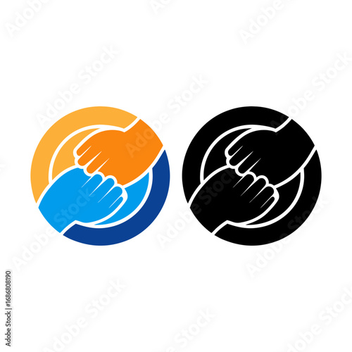 Vector art of two circular icons showing hands clasped together