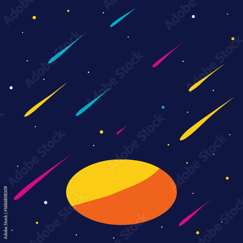 Vector art of colorful shooting stars and a planet in a dark night sky