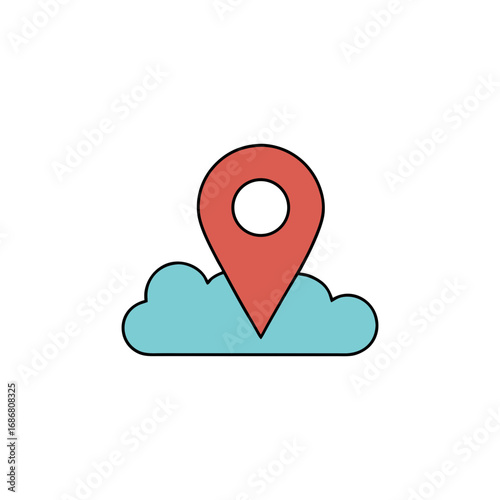 Vector art of red map pin icon on a blue cloud