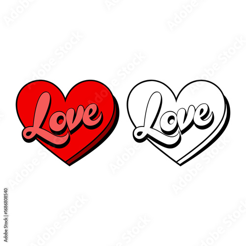 Vector art of two hearts with the word love written inside, one red and one outline