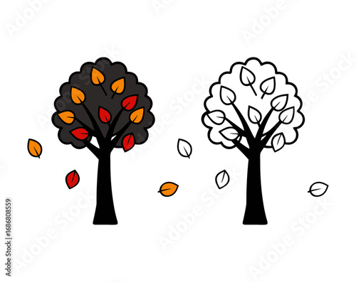 Vector art of two trees, one with autumn leaves and one with spring leaves