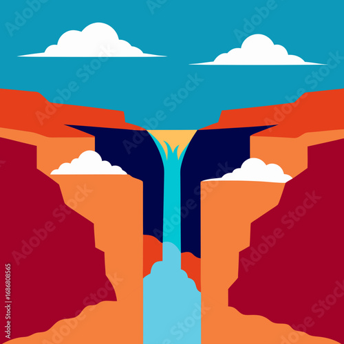 Vector art of stylized canyon landscape with a waterfall and clouds